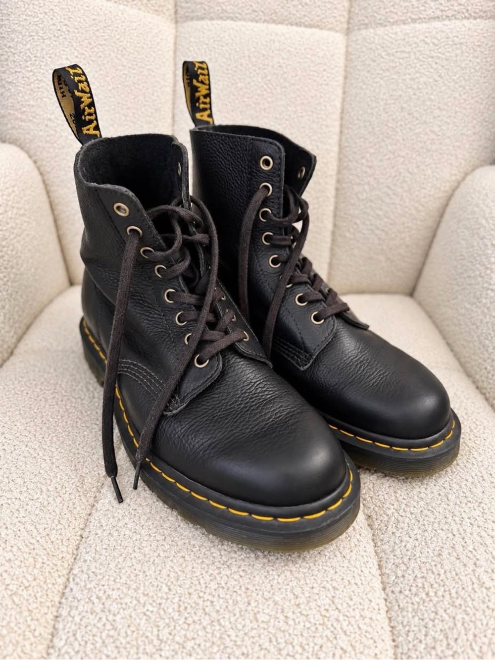 Dr. Martens Black Leather Lace-Up Boots with Yellow Stitching